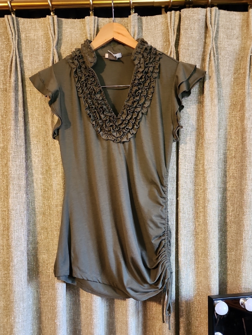 Olive Green Ruffle V-Neck Women’s Top